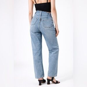 Alexander Wang Frayed Waist High Rise Straight Leg Jeans Light Wash Denim 26 27